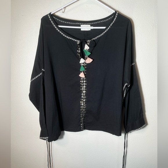 FLANNEL America Boho Tasseled Embroidered Peasant‎ Blouse Size S/M - Picture 1 of 7